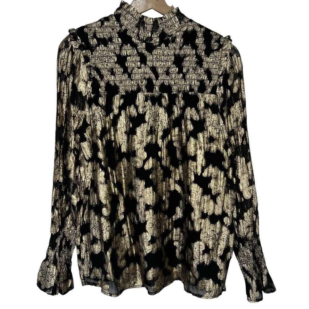 NWT Elan Metallic Brocade Floral Blouse size Small Black/Gold Smocked Party Top